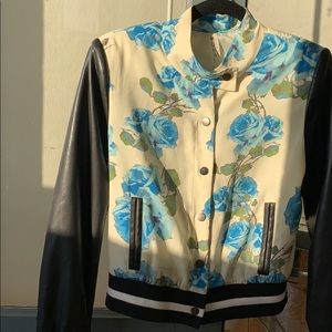 Floral and faux leather bomber jacket